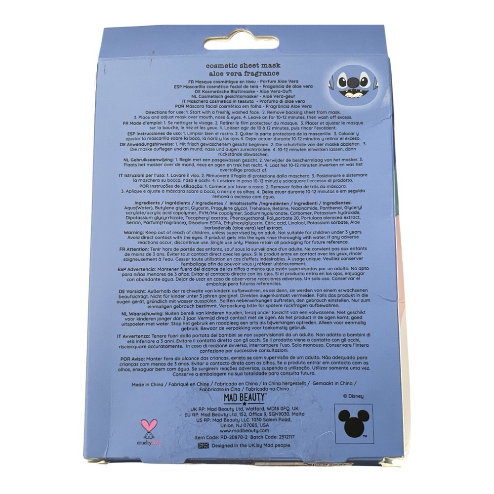 Disney Stitch Cosmetic Sheet Face Mask NWT - Picture 2 of 5